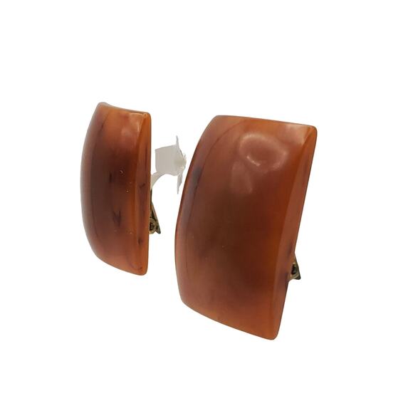 Brown Bakelite Earrings Vintage Clip Ons 1940s Art Deco Butterscotch Curved - Picture 2 of 7